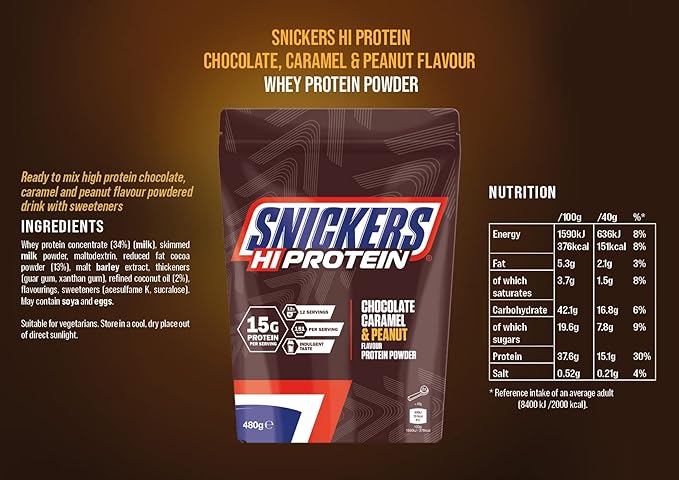 Snickers HiProtein | Chocolate Caramel & Peanut Flavour Protein Powder 480g