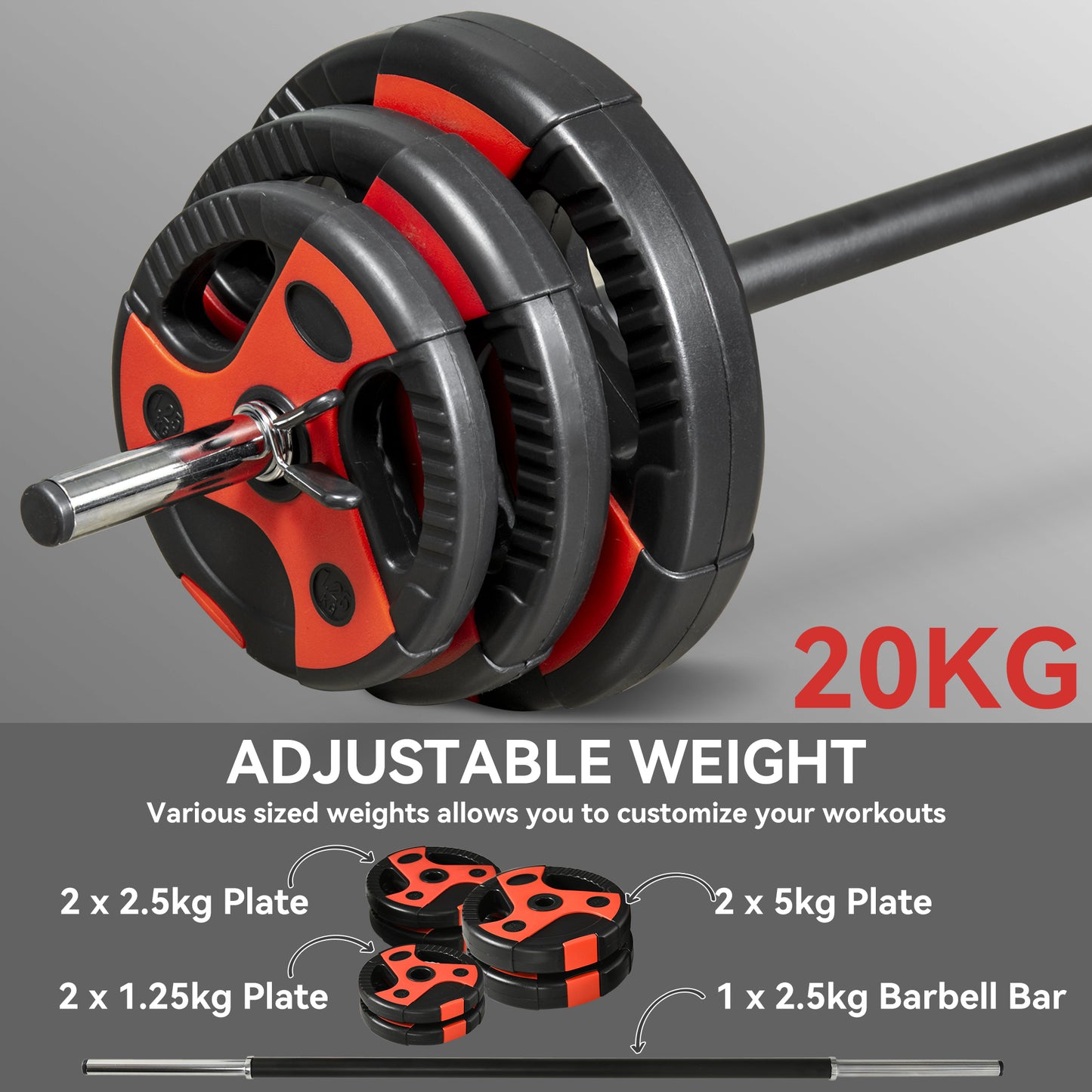 20kg Adjustable Barbell Weights Set For Home Gym, Strength Training