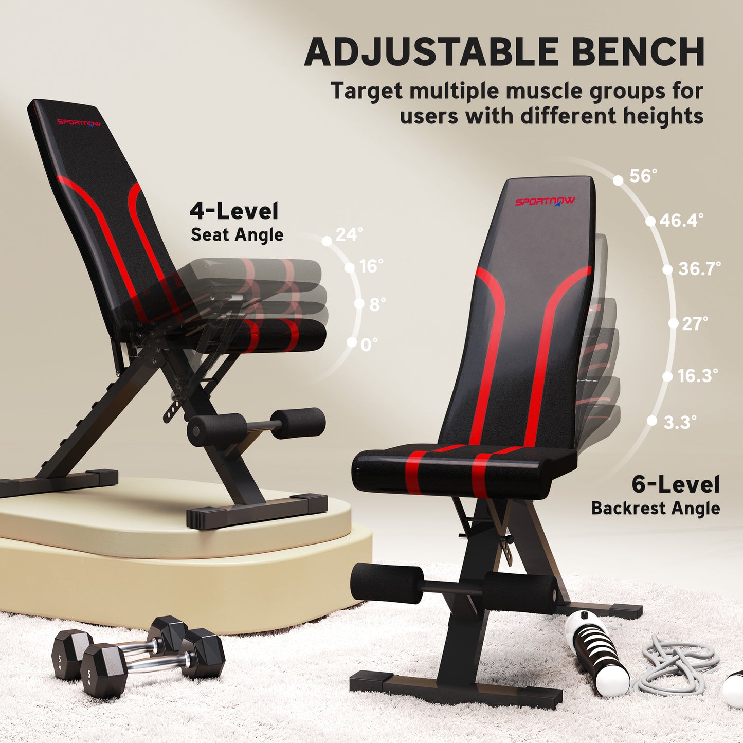 Foldable Weight Bench, Adjustable Incline Flat Bench Press With 6-Level Backrest, 4-Level Seat, Leg Extension For Home Gym Workout Full Body Strength Training