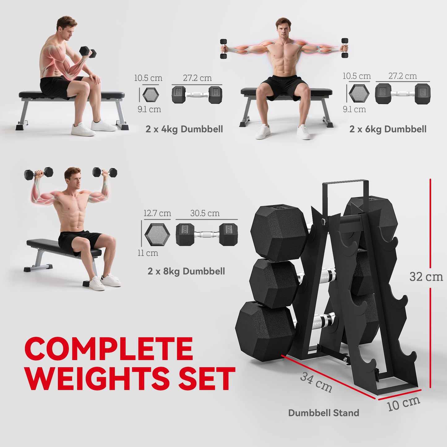 Hex Dumbbell Set With Weights Storage Rack, Rubber Coated Dumbbells, Non-Slip Chrome Handles, Space-Saving For Home Gym Weight Lifting Strength Training, 2 X 2kg, 2 X 5kg, 2 X 8kg