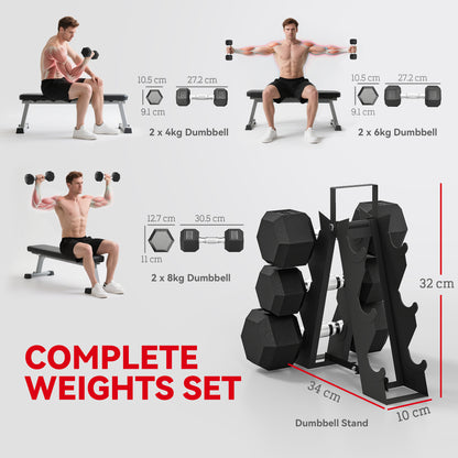 Hex Dumbbell Set With Weights Storage Rack, Rubber Coated Dumbbells, Non-Slip Chrome Handles, Space-Saving For Home Gym Weight Lifting Strength Training, 2 X 2kg, 2 X 5kg, 2 X 8kg