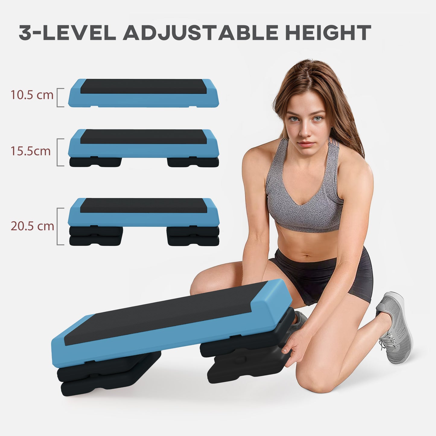 Adjustable Fitness Stepper, With Non-Slip Surface, For Home, Gym, Office Workout, Light Blue